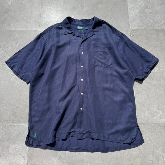 90s-00s Ralph Lauren “Caldwell” Silk x Linen Navy Open Collar Shirt KiiChain Clothing