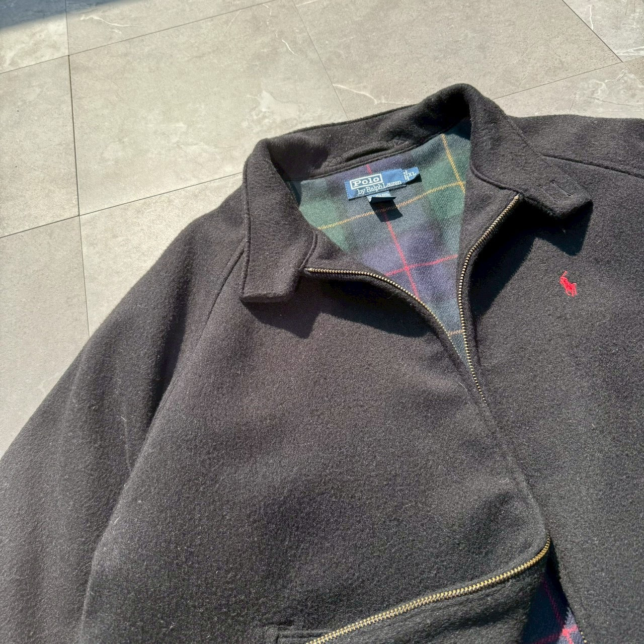 90s-00s Ralph Lauren Black Checkered Lined Wool Harrington Jacket