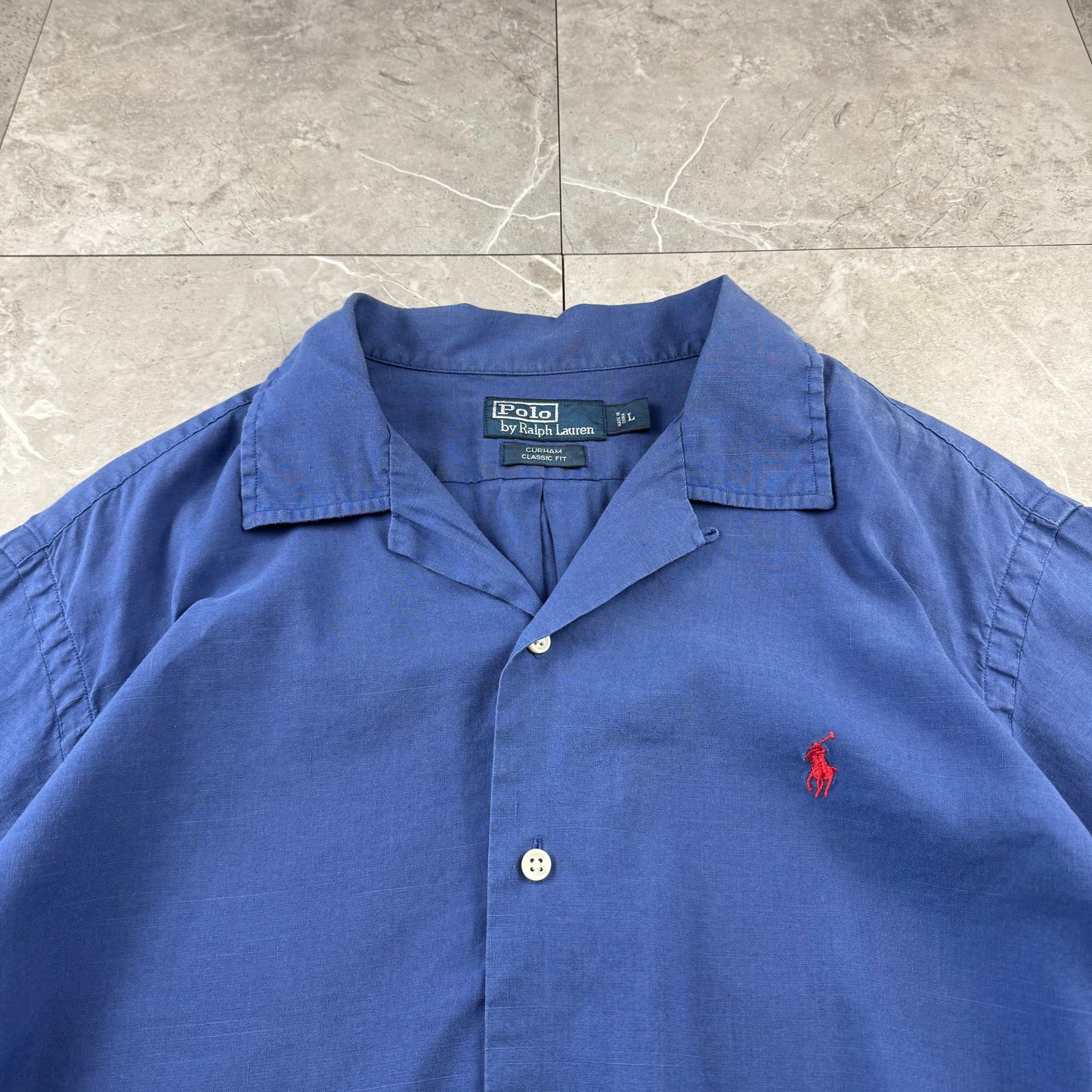 00s Polo by Ralph Lauren Curham Blue Linen x Cotton Open Collar Shirt L