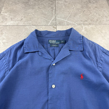 00s Polo by Ralph Lauren Curham Blue Linen x Cotton Open Collar Shirt L
