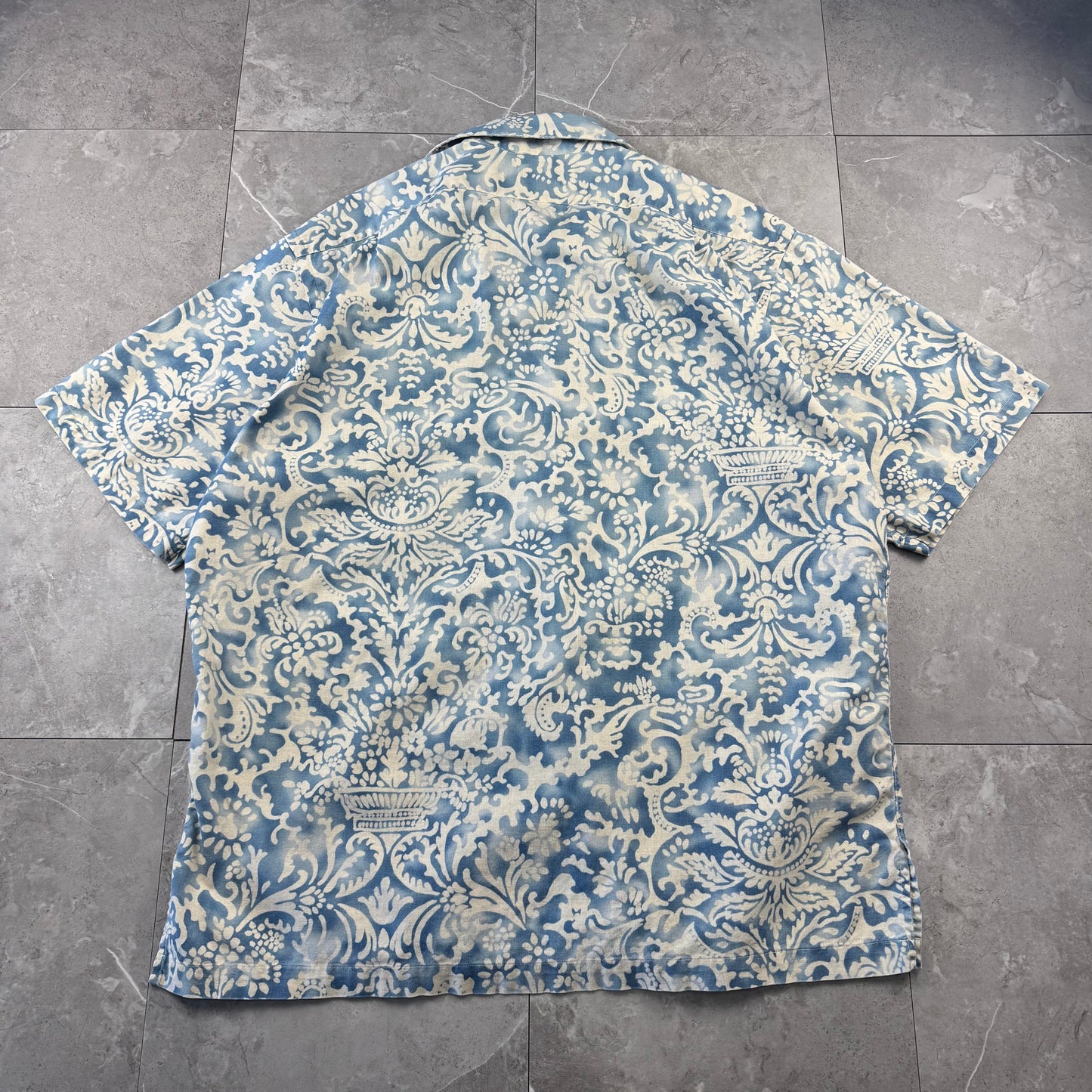 80s-90s Polo by Ralph Lauren Light Blue Paisley Cotton x Linen x Ramie Open Collar Shirt L