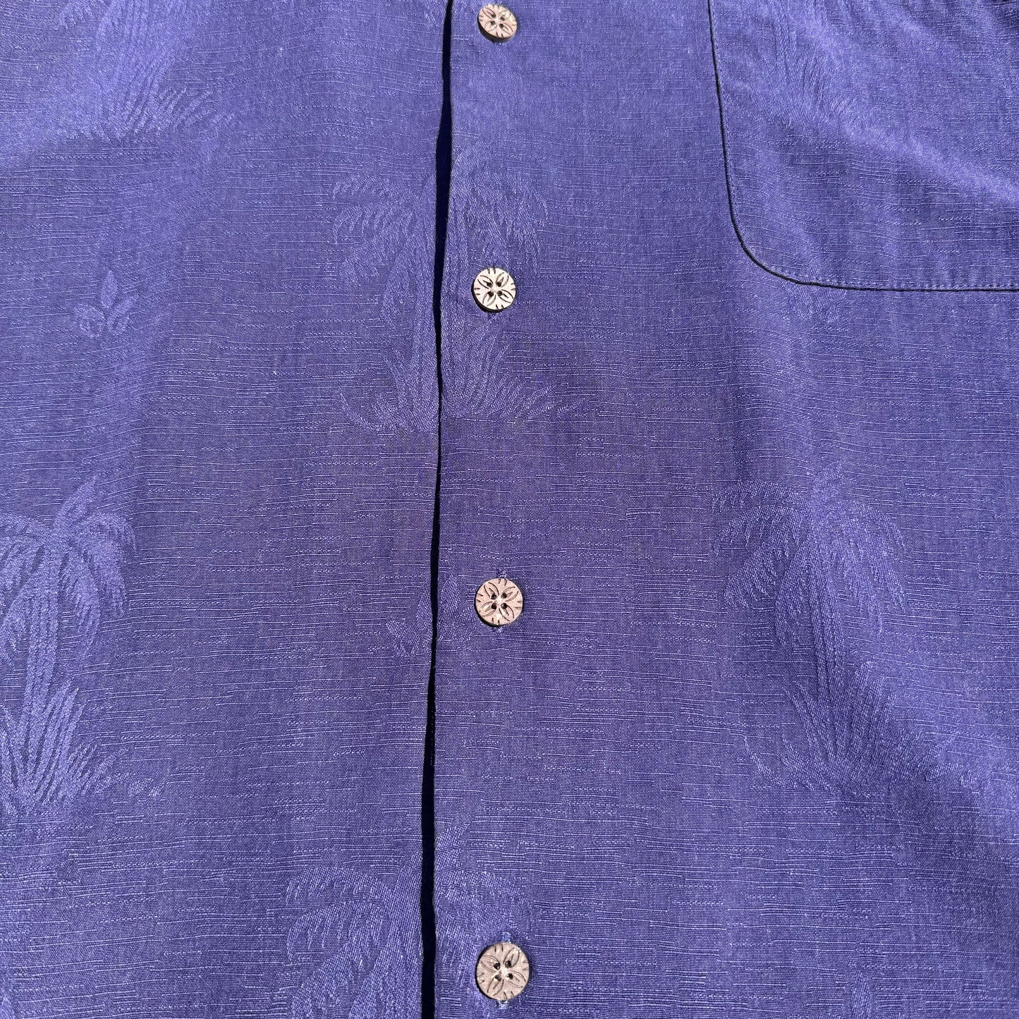 00s Tommy Bahama 100% Silk Purple Palm Tree Graphic Open Collar Shirt KiiChain Clothing