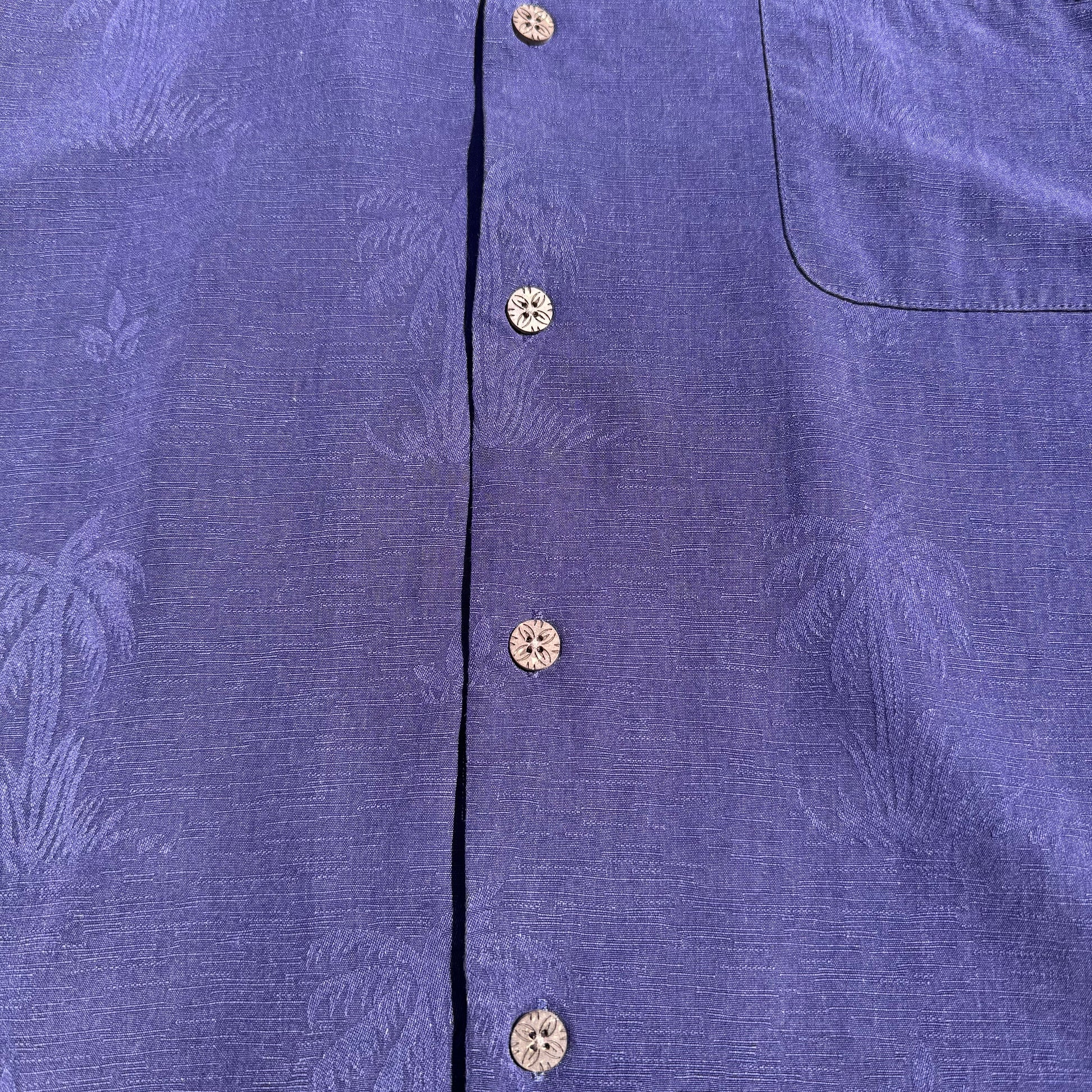 00s Tommy Bahama 100% Silk Purple Palm Tree Graphic Open Collar Shirt KiiChain Clothing