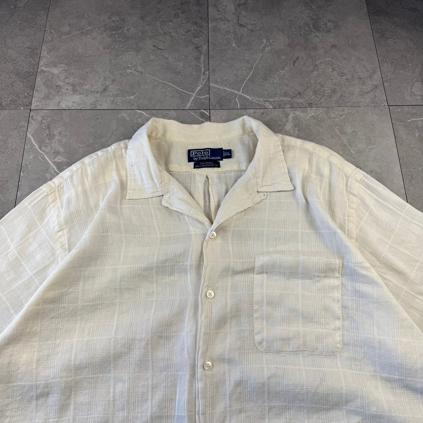 00s Polo by Ralph Lauren Caldwell No-Pony White Checkered Linen x Cotton Open Collar Shirt XL