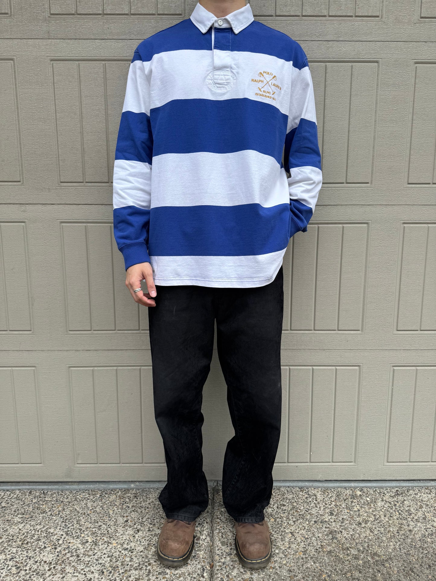 90s Polo by Ralph Lauren Blue & White Rugby Long Sleeve Polo