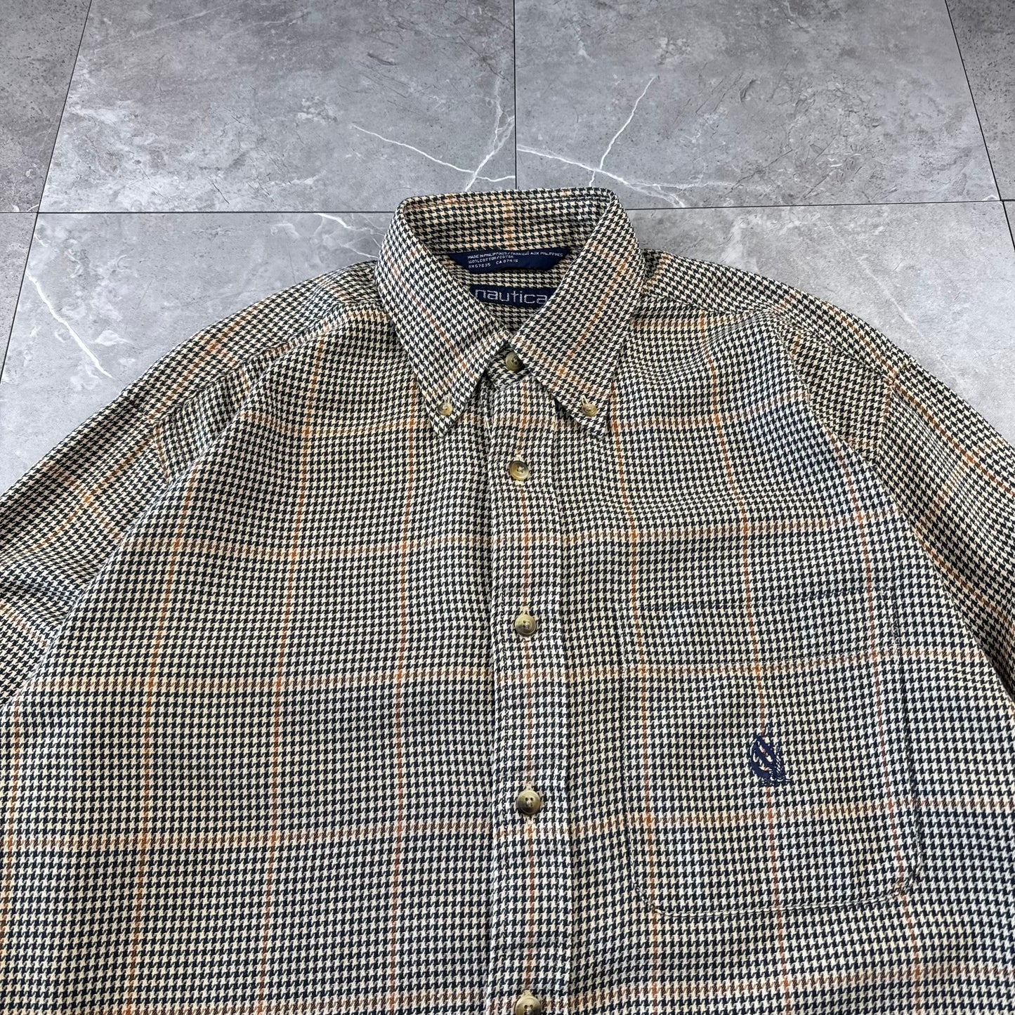 90s Nautica Brown Houndstooth Checkered Button Down Shirt