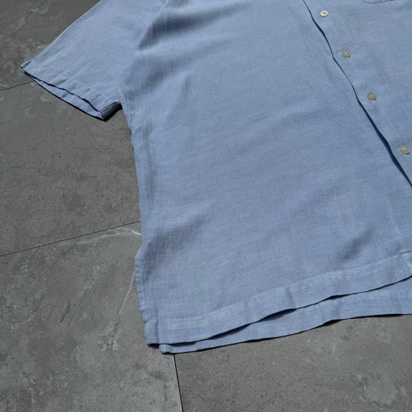 90s-00s Ralph Lauren Polo Golf Caldwell Blue Herringbone Silk x Linen Open Collar Shirt KiiChain Clothing