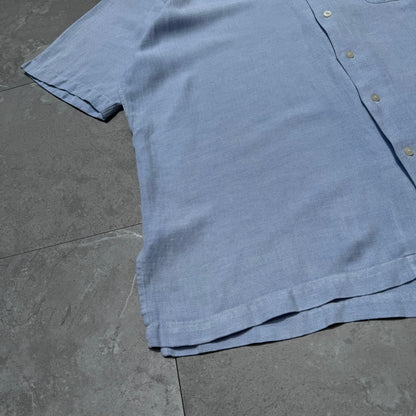 90s-00s Ralph Lauren Polo Golf Caldwell Blue Herringbone Silk x Linen Open Collar Shirt KiiChain Clothing