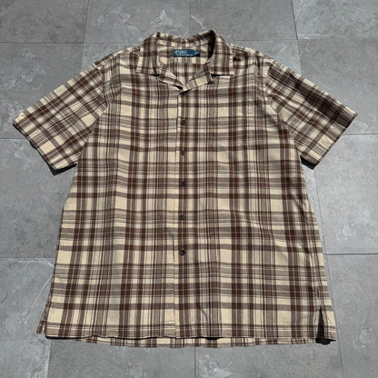 90s-00s Ralph Lauren Brown Checkered Cotton x Linen Open Collar Shirt KiiChain Clothing