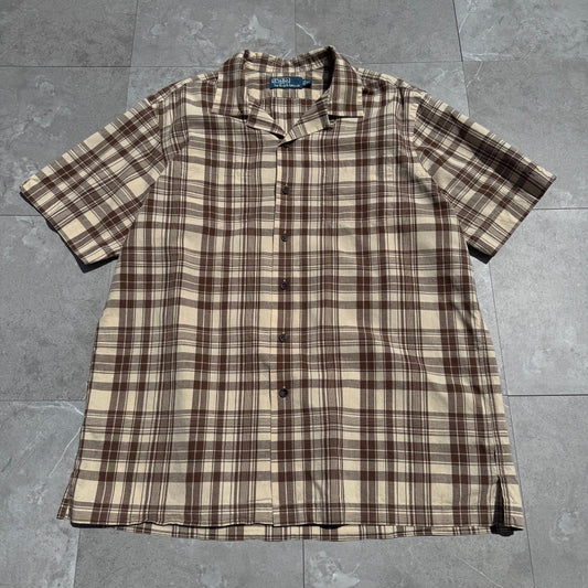 90s-00s Ralph Lauren Brown Checkered Cotton x Linen Open Collar Shirt KiiChain Clothing