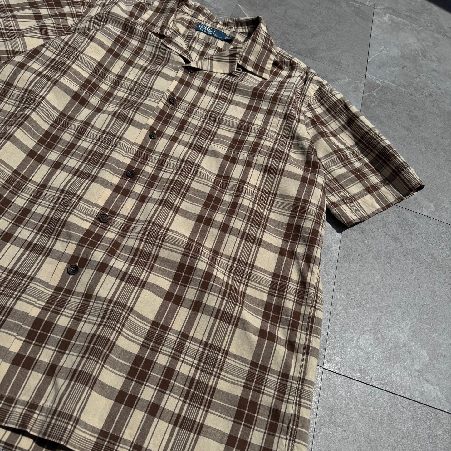 90s-00s Ralph Lauren Brown Checkered Cotton x Linen Open Collar Shirt KiiChain Clothing