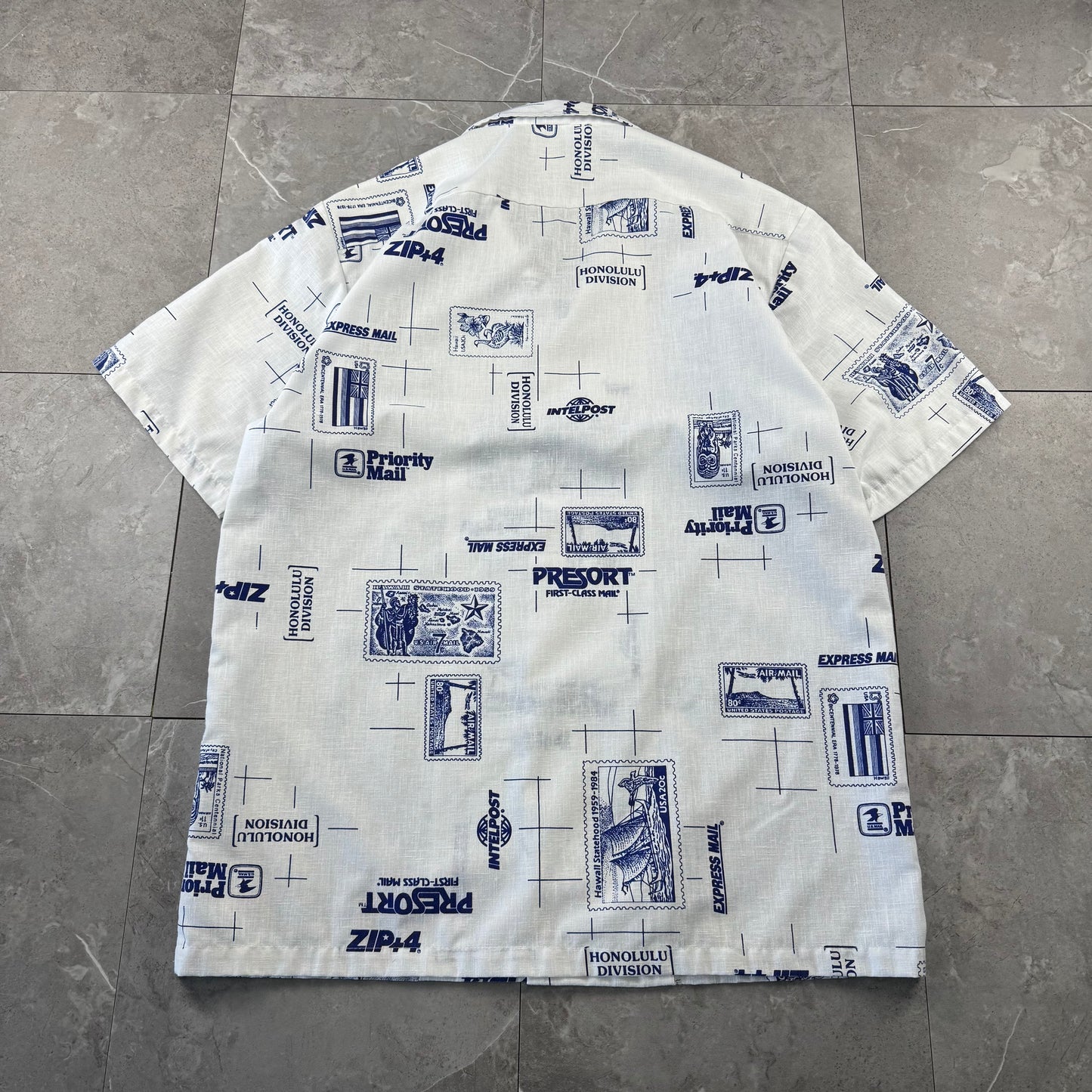 90s High Noon Made in USA White Shipping Stamp Open Collar Shirt