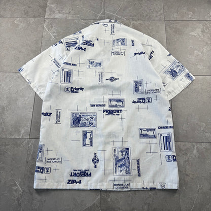 90s High Noon Made in USA White Shipping Stamp Open Collar Shirt