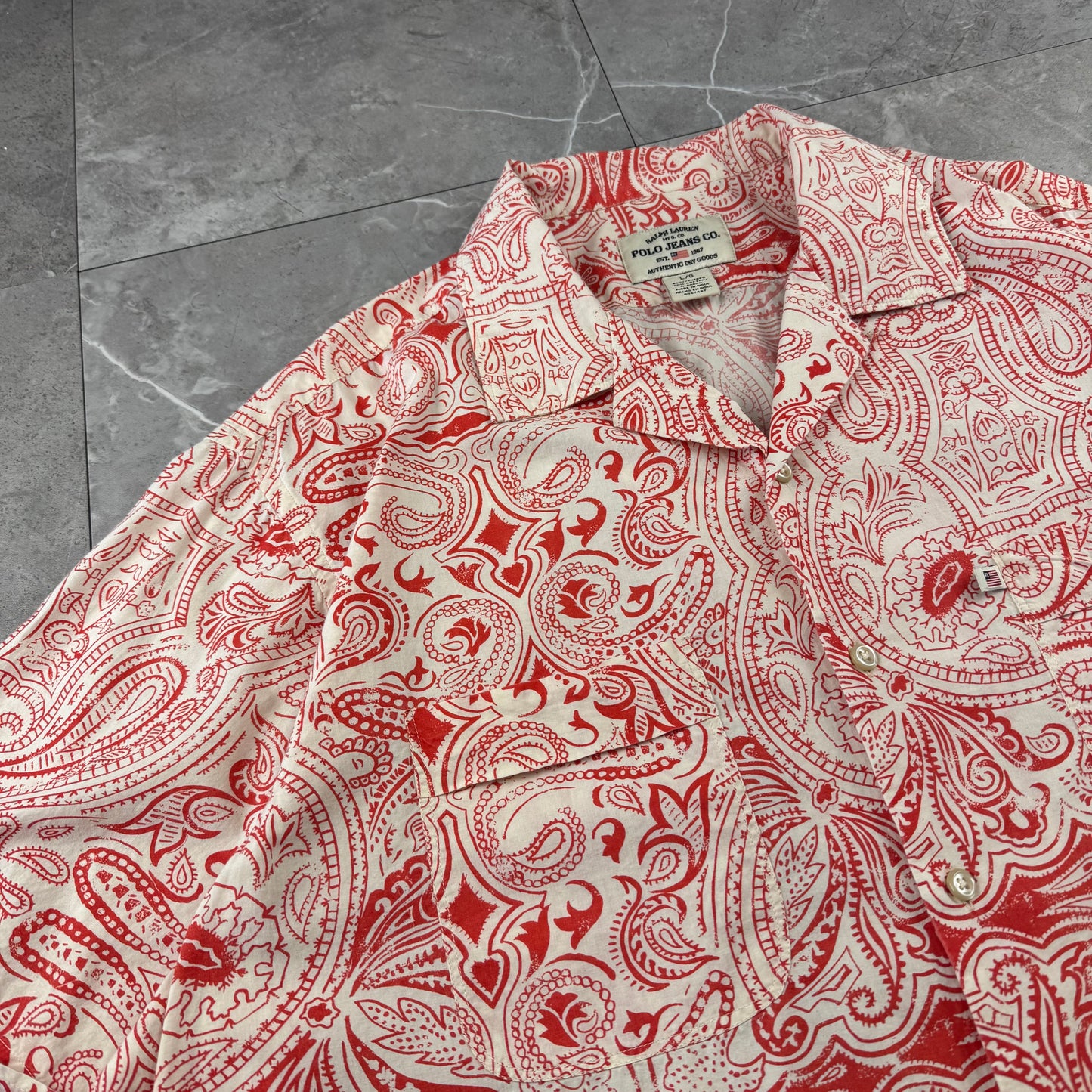 00s Ralph Lauren Polo Jeans Co. Red Paisley Open Collar Shirt
