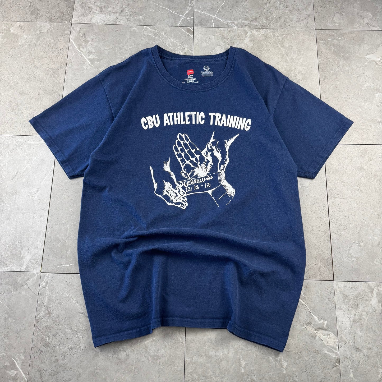 00s~ Hanes Navy CBU Athletic Training Hebrews 12:12-13 Christian Graphic Tee