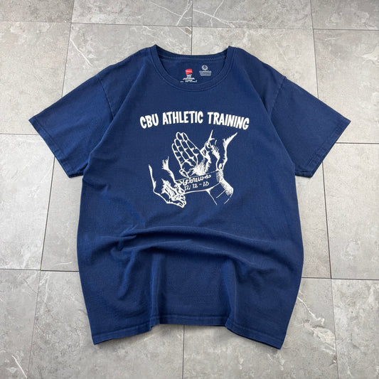 00s~ Hanes Navy CBU Athletic Training Hebrews 12:12-13 Christian Graphic Tee