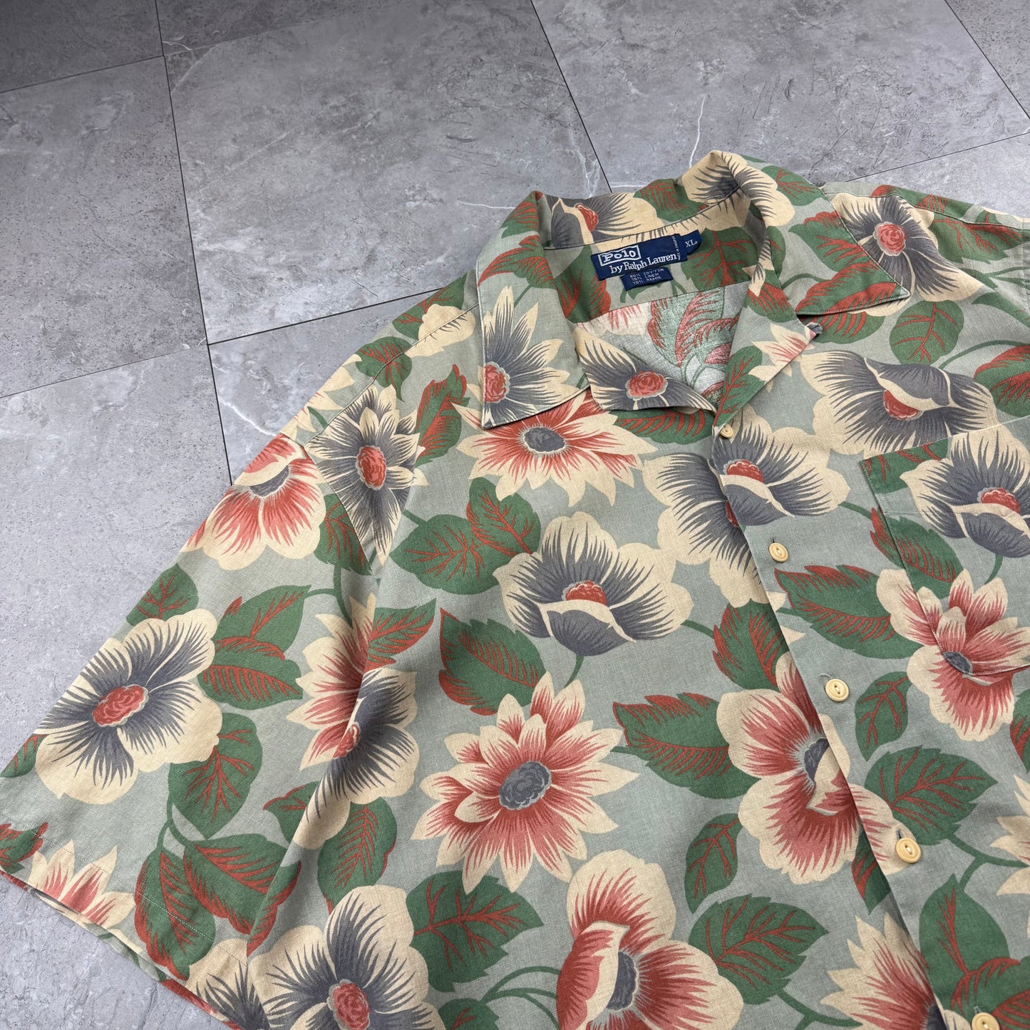 90s Polo by Ralph Lauren Green Cotton x Linen x Ramie Flower Open Collar Shirt XL