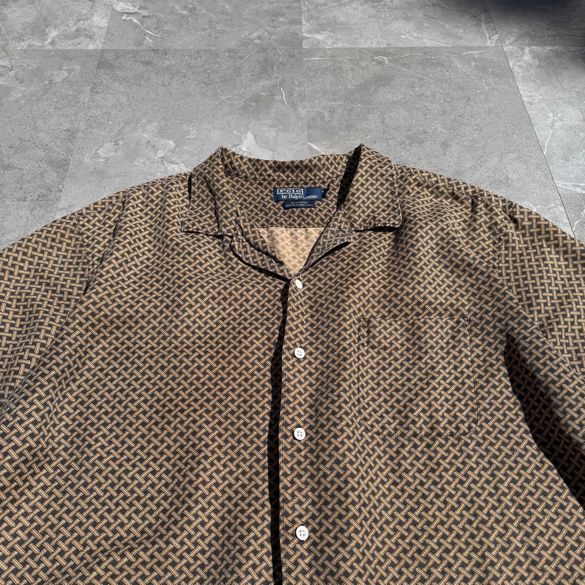 90s-00s Ralph Lauren “Bonnard”  Silk x Linen Cross Pattern Open Collar Shirt KiiChain Clothing