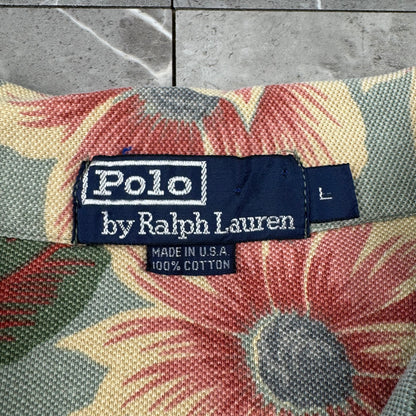 80s-90s Polo by Ralph Lauren Made in USA Green Floral Cotton Knit Open Collar Shirt
