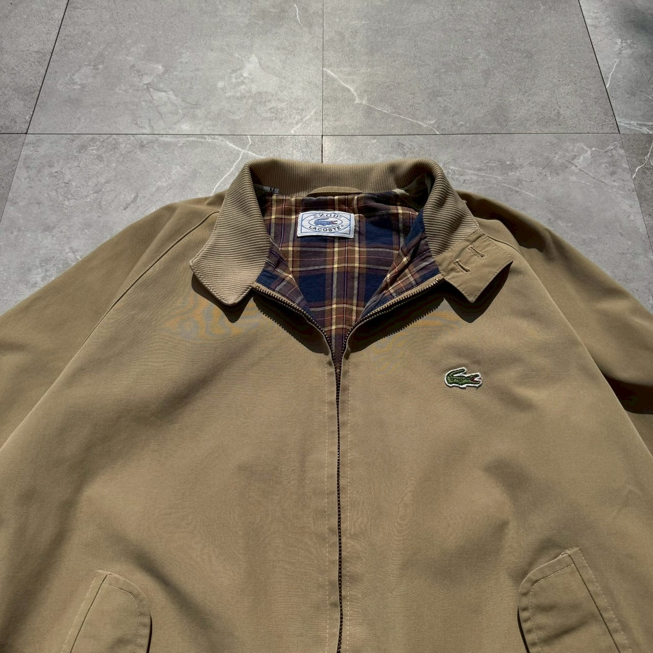 70s-80s Izod x Lacoste Beige Tan Flannel Lined Harrington Jacket