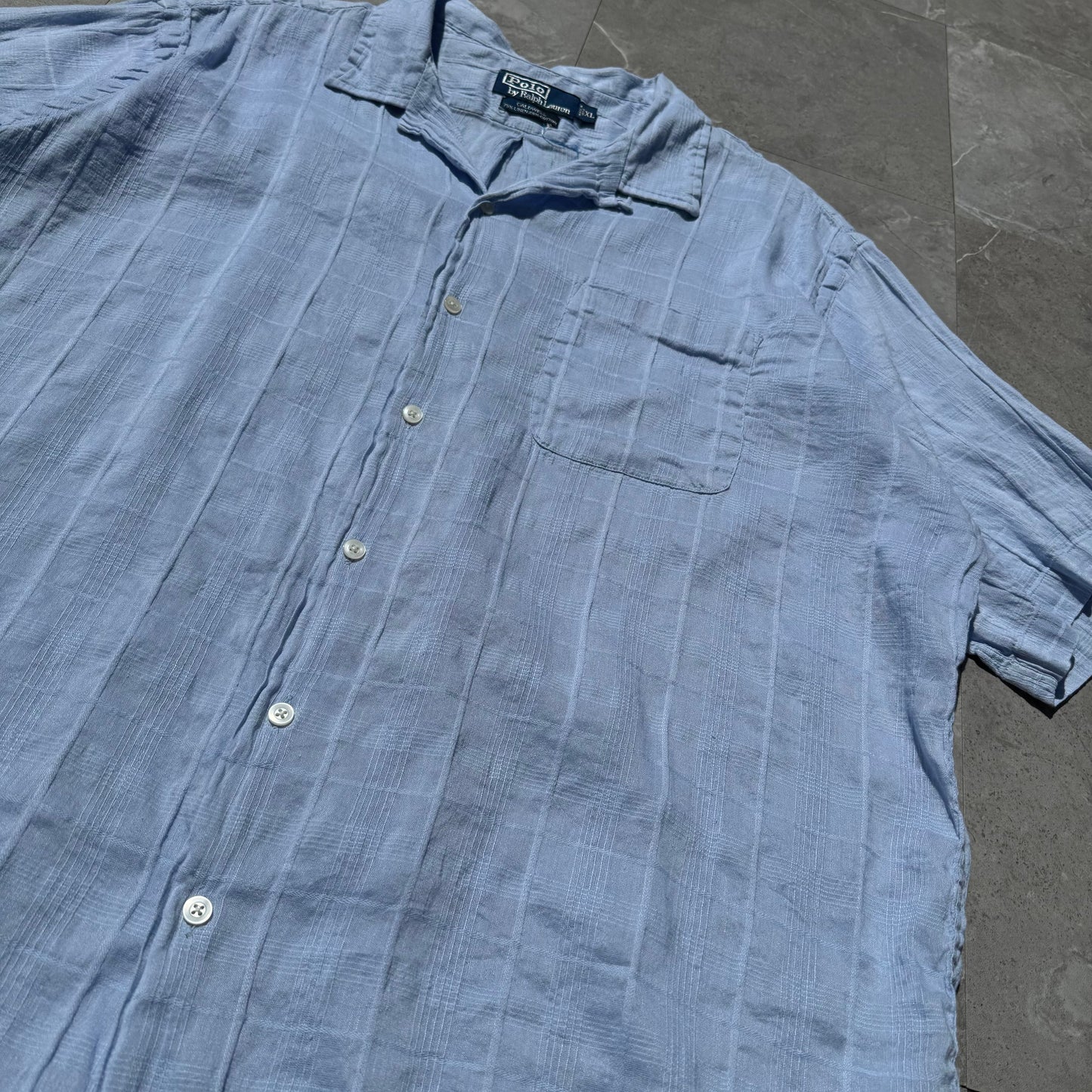 90s-00s Ralph Lauren Caldwell Linen x Cotton Light Blue Checkered Open Collar Shirt KiiChain Clothing