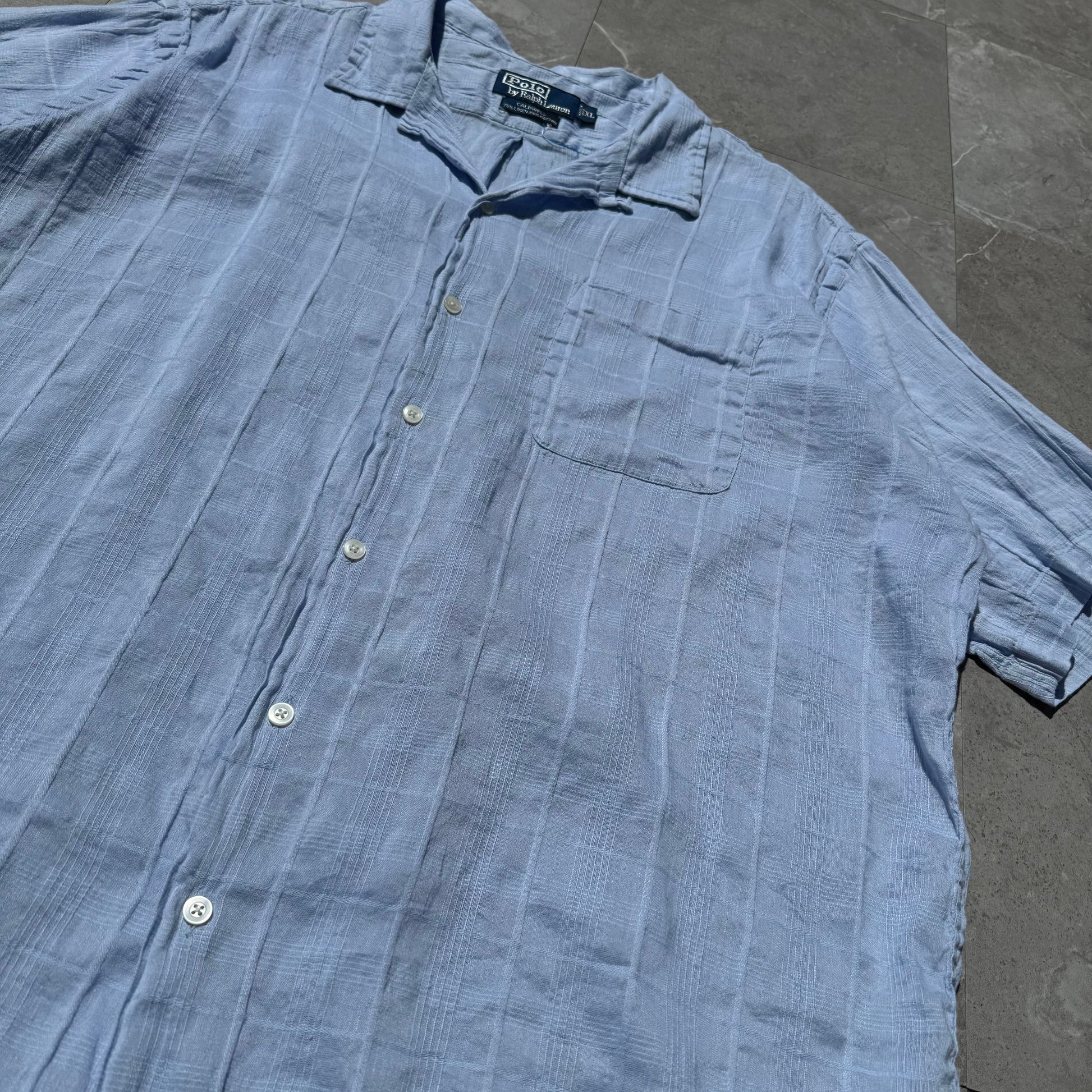 90s-00s Ralph Lauren Caldwell Linen x Cotton Light Blue Checkered Open Collar Shirt KiiChain Clothing
