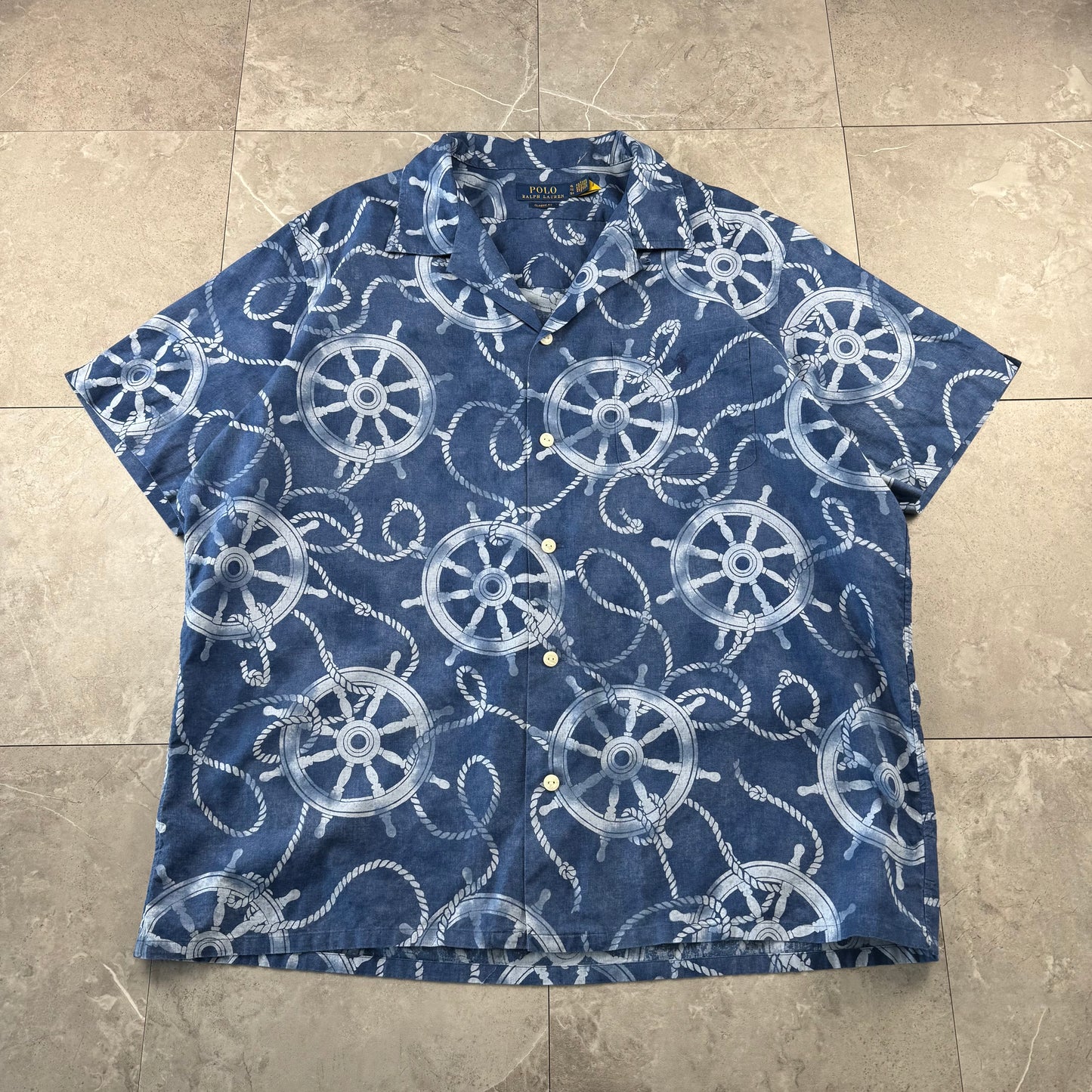 00s~ Polo Ralph Lauren Blue Classic Fit Helm Wheel Open Collar Shirt