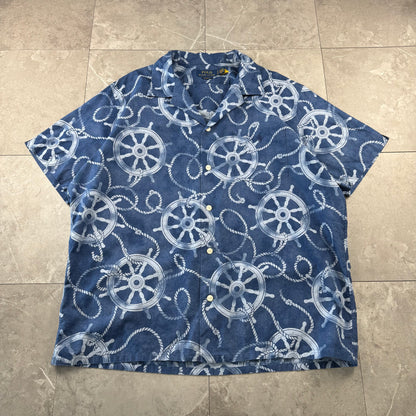 00s~ Polo Ralph Lauren Blue Classic Fit Helm Wheel Open Collar Shirt