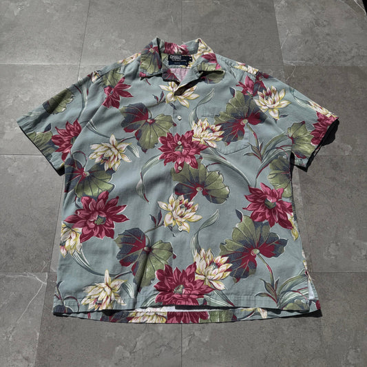 80s-90s Ralph Lauren Made in USA Light Blue Floral Open Collar Shirt KiiChain Clothing