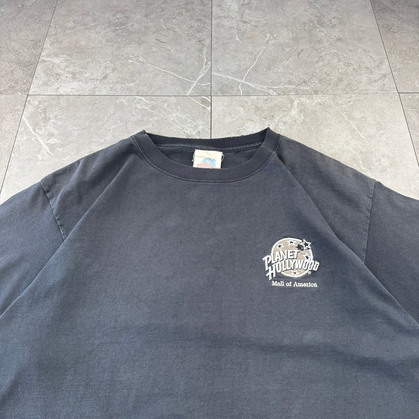 90s-00s Planet Hollywood Made in USA Faded Black Embroidered Logo T-Shirt