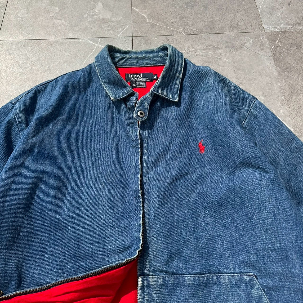 80s-90s Ralph Lauren Made in USA Red Fleece Lined Denim Swing Top Jacket