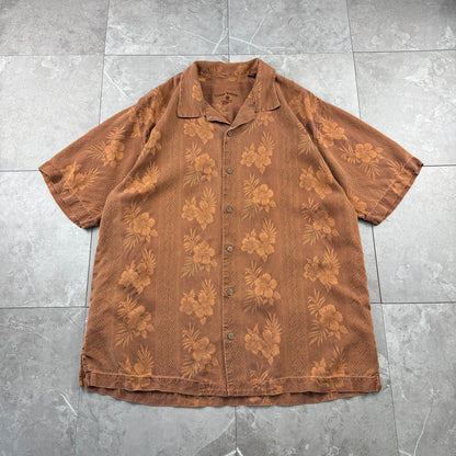 00s~ Tommy Bahama Brown Hibiscus 100% Silk Open Collar Shirt