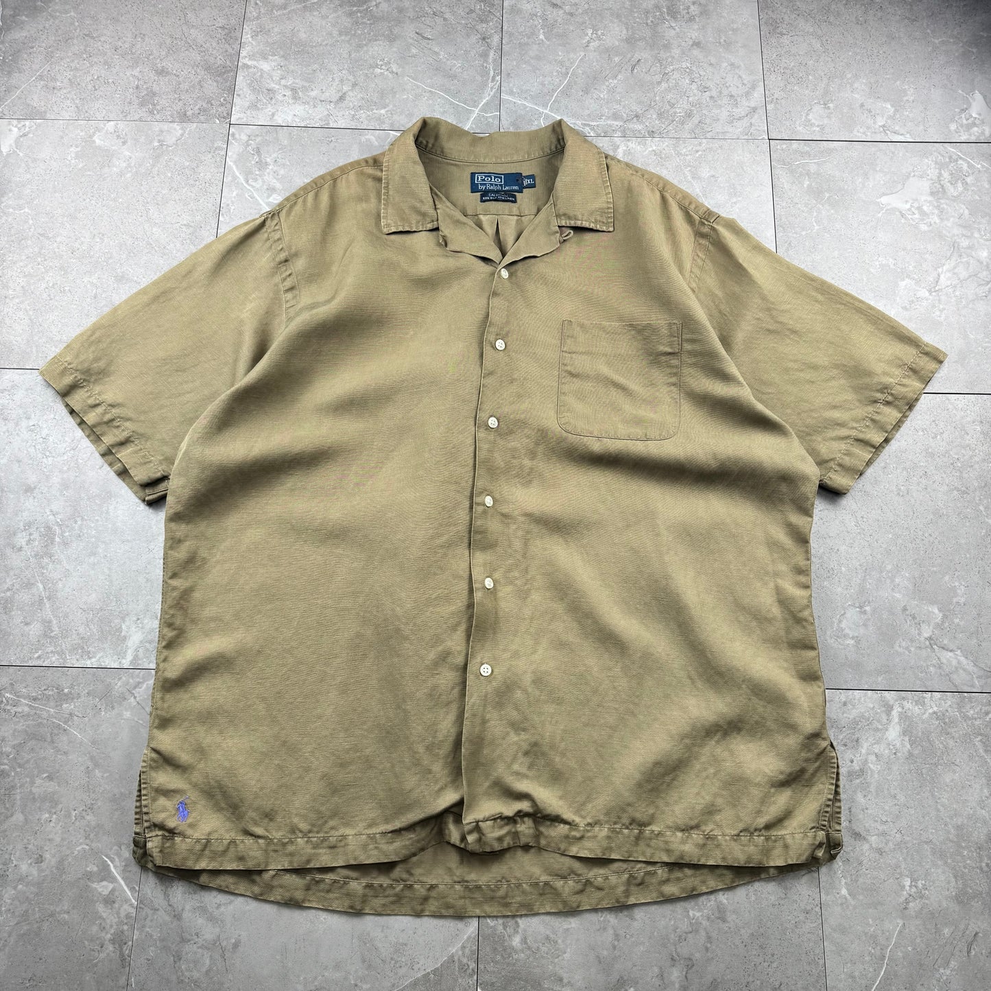 00s Polo by Ralph Lauren Caldwell Brown Silk x Linen Open Collar Shirt XL