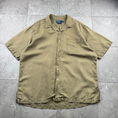 00s Polo by Ralph Lauren Caldwell Brown Silk x Linen Open Collar Shirt XL