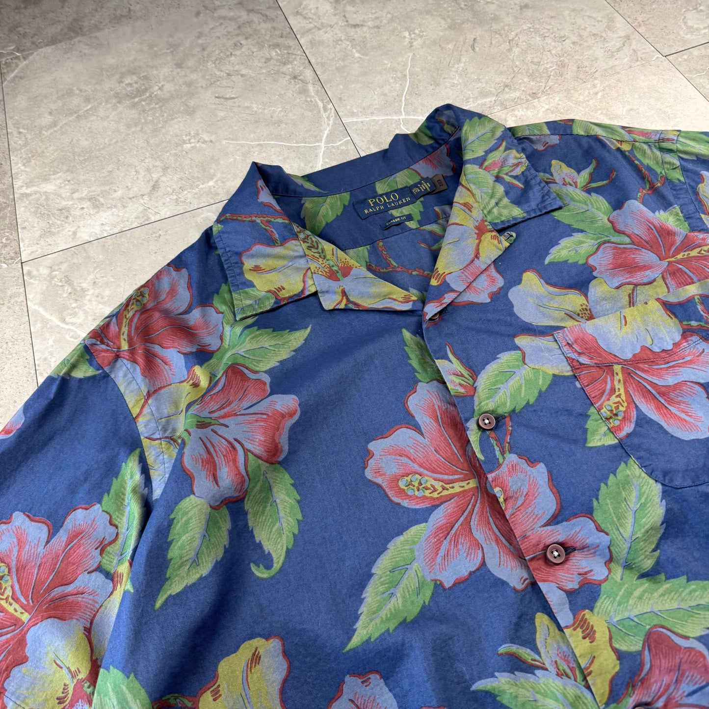 00s~ Polo Ralph Lauren Navy Hibiscus Open Collar Shirt XXL