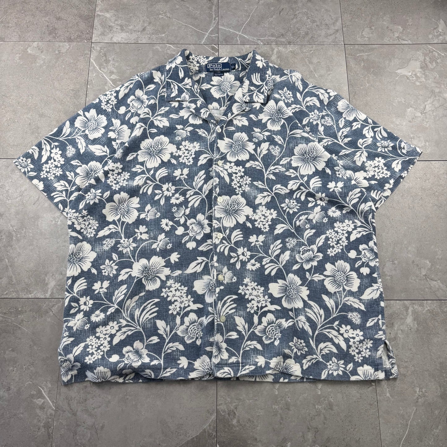 90s Polo by Ralph Lauren Navy Cotton Knit Floral Open Collar Shirt