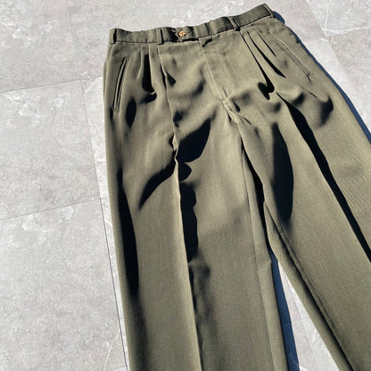 80s Perry Ellis Portfolio Olive Green Three-Tuck Wide Leg Wool-Blend Slacks 34x32