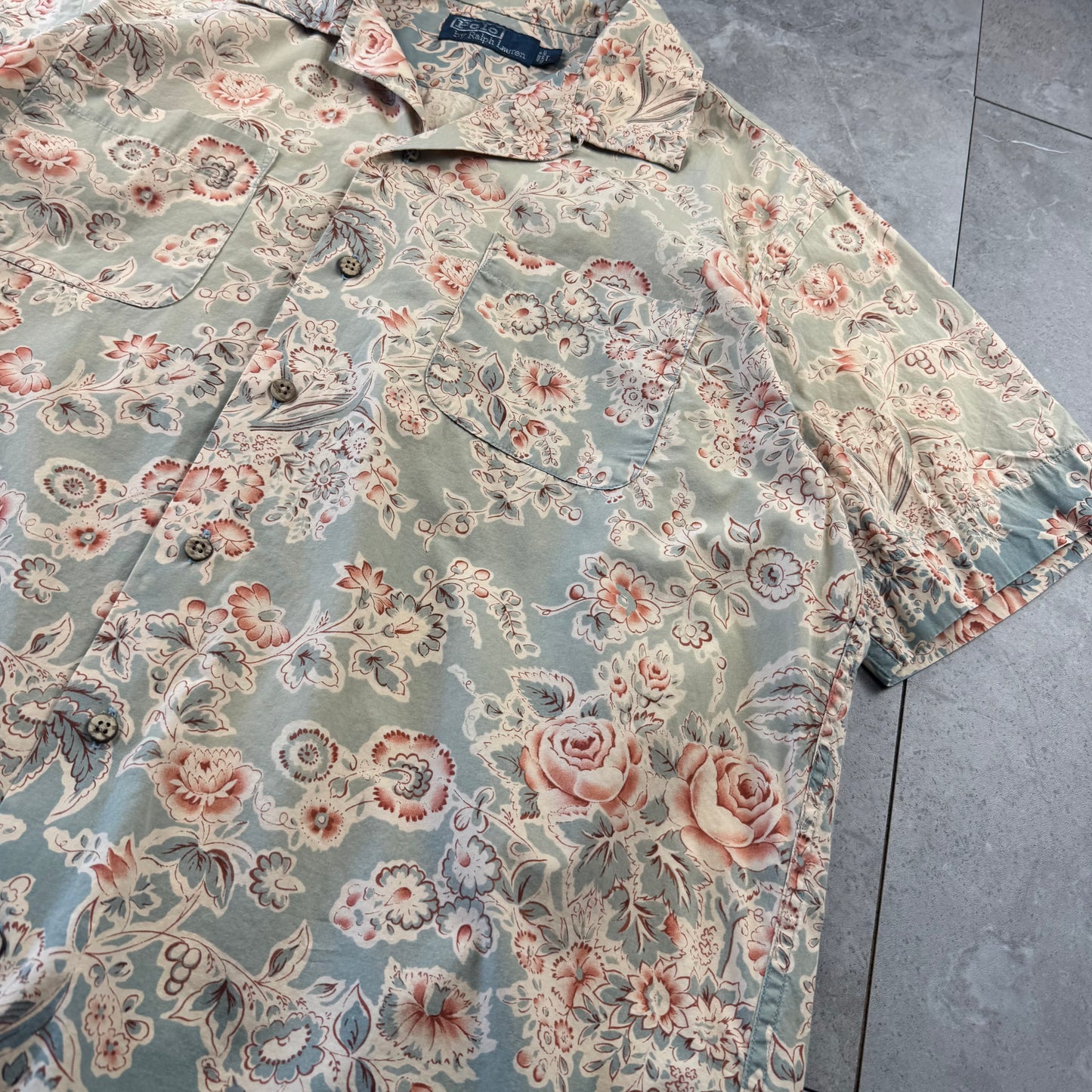 00s Polo by Ralph Lauren Faded Green Flower Pattern Open Collar Shirt L