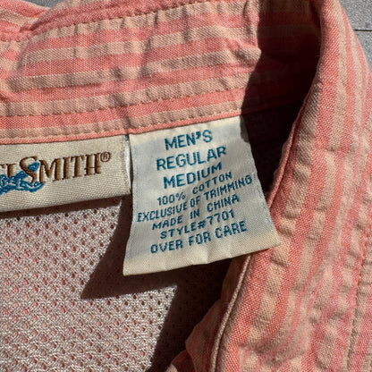 90s Travel Smith Salmon Pink Seersucker Dual Pocket Short Sleeve Shirt KiiChain Clothing
