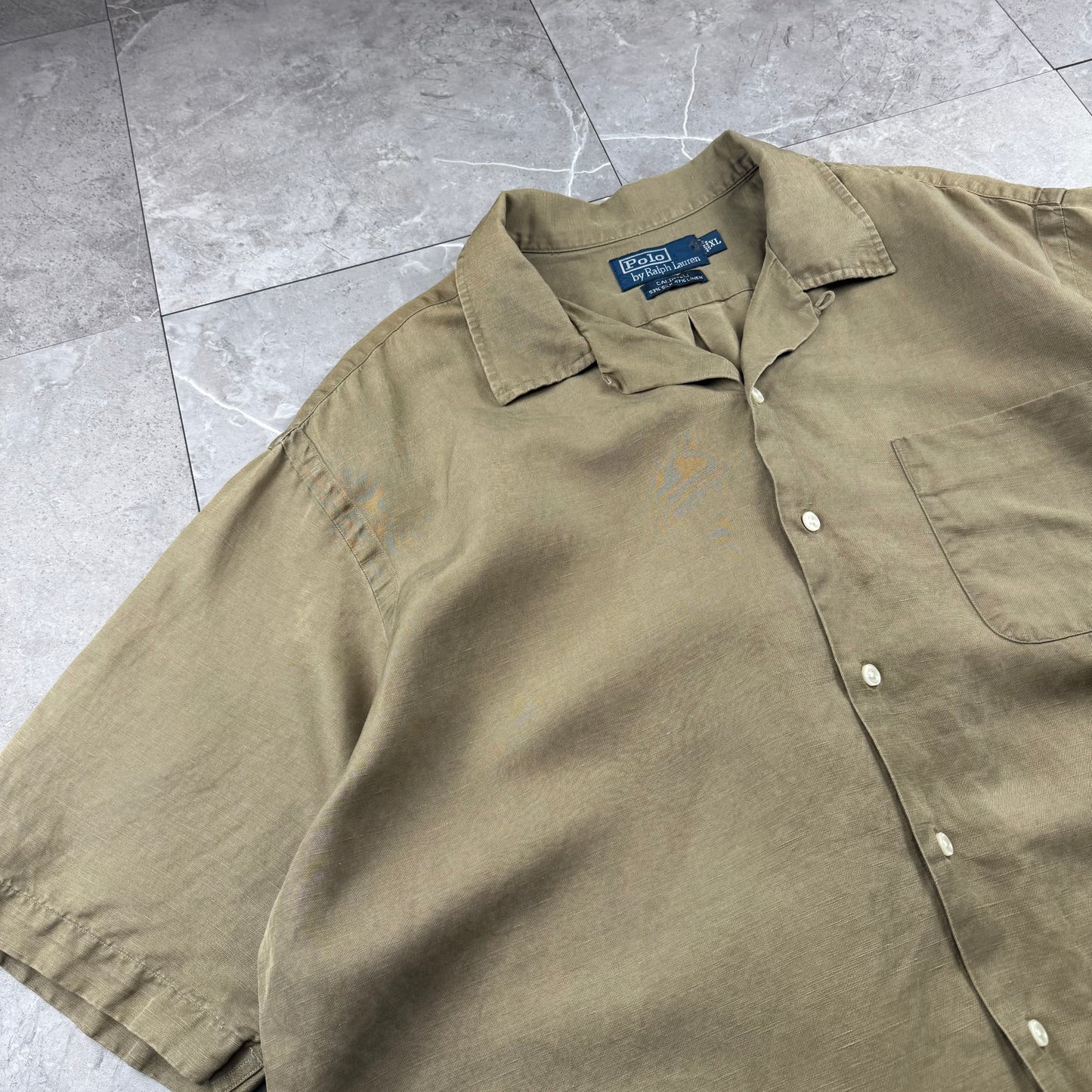 00s Polo by Ralph Lauren Caldwell Brown Silk x Linen Open Collar Shirt XL