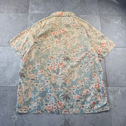 90s-00s Polo by Ralph Lauren Faded Green Flower Pattern Open Collar Shirt XL