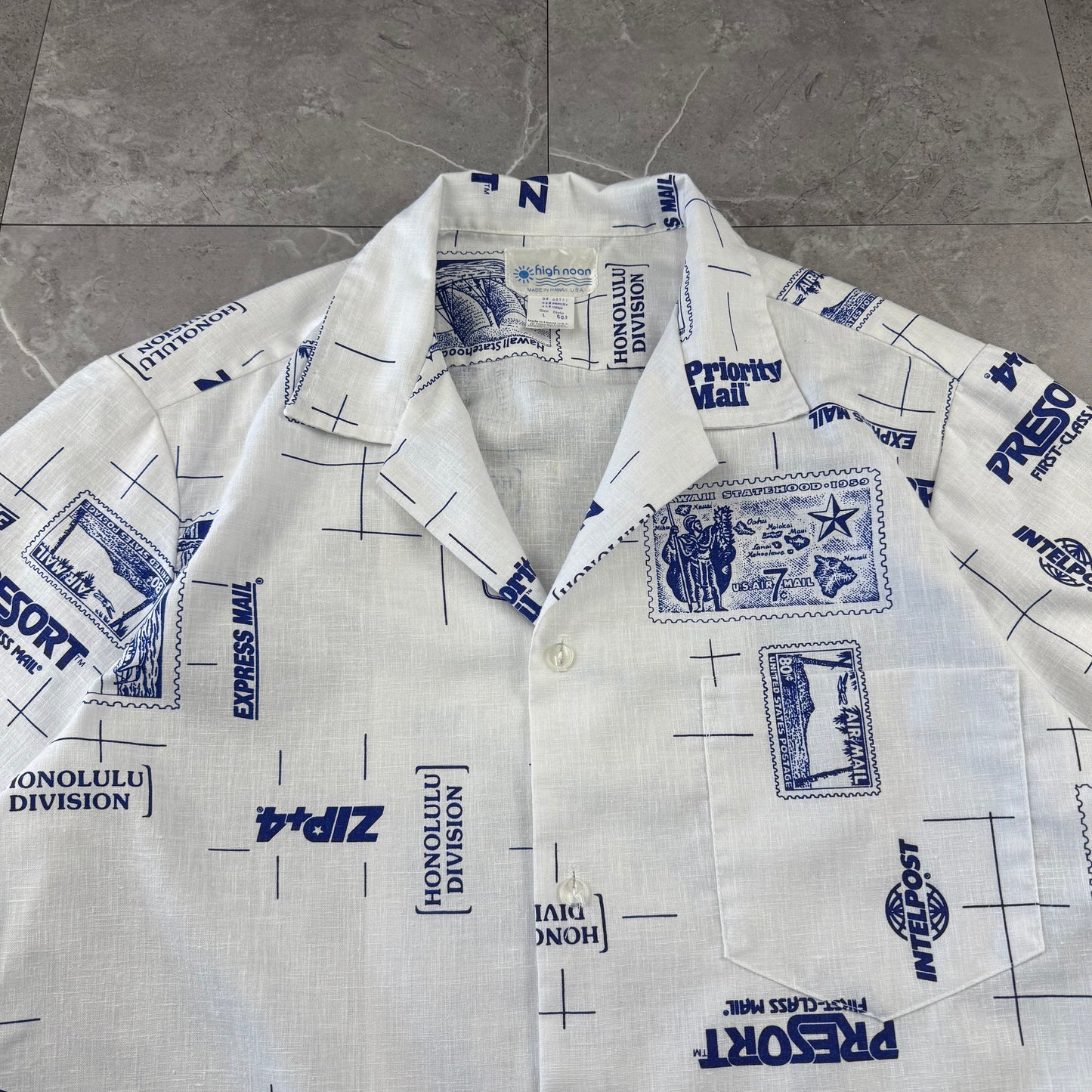 90s High Noon Made in USA White Shipping Stamp Open Collar Shirt