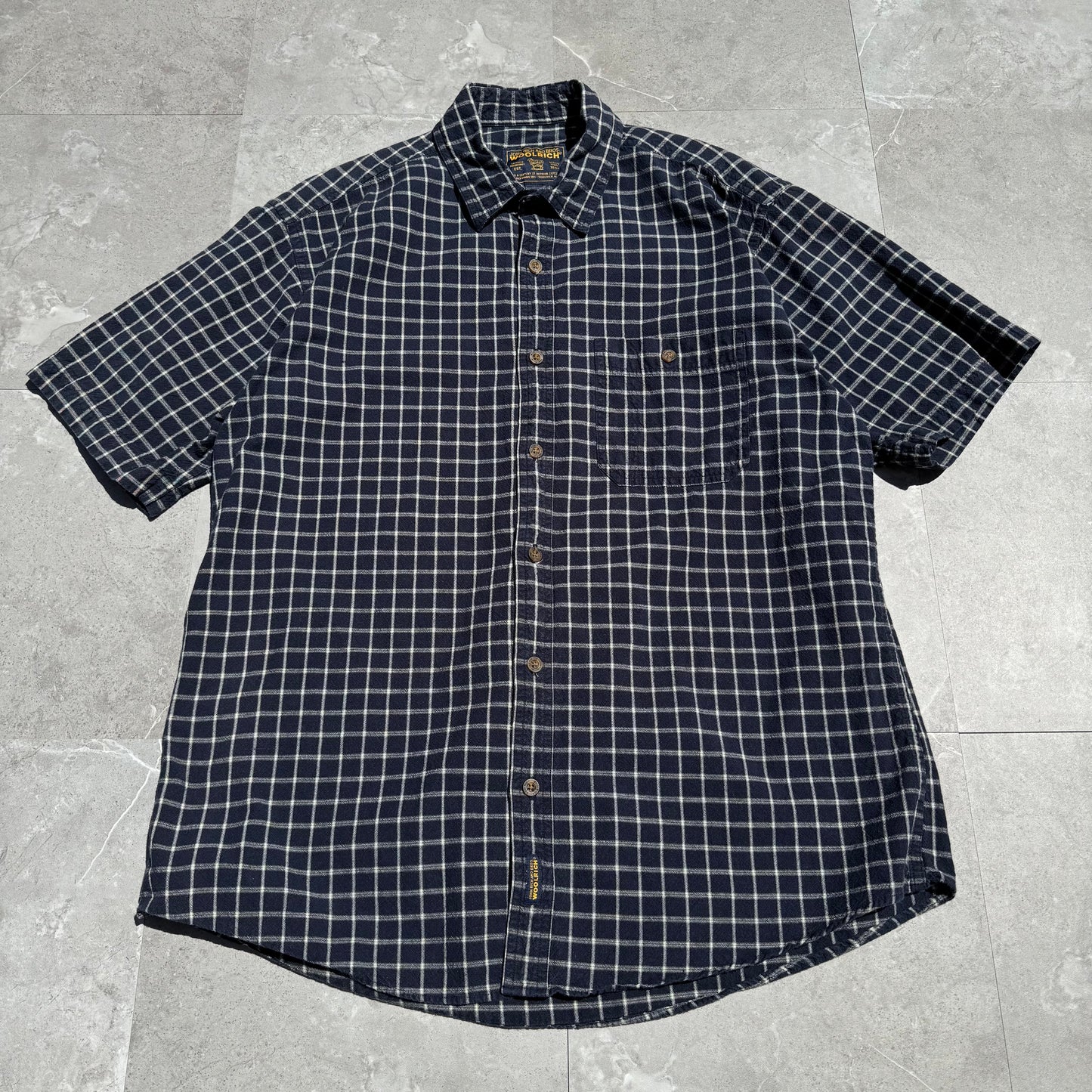 90s Wool Rich Navy Checkered Heavyweight Cotton Short Sleeve Shirt KiiChain Clothing