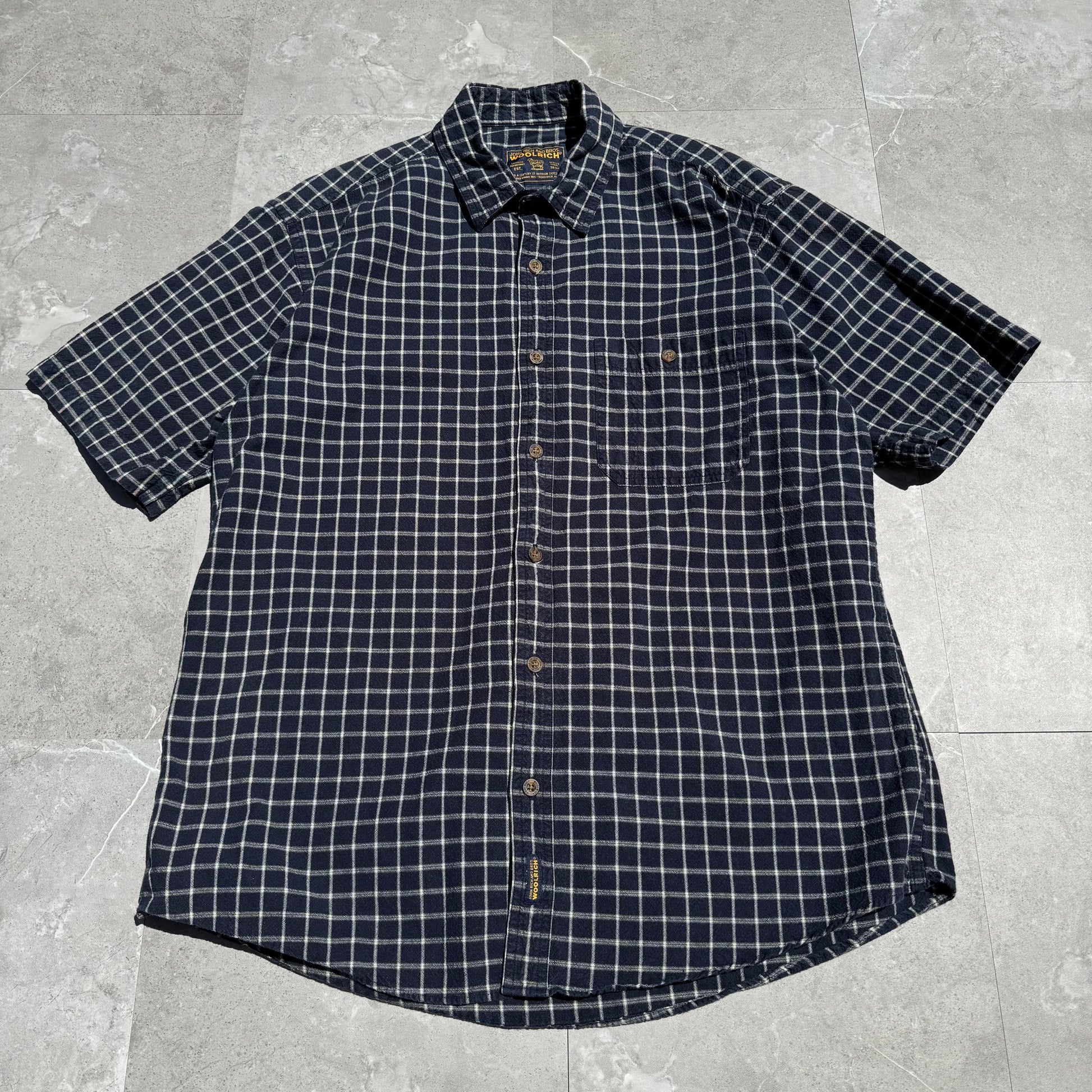 90s Wool Rich Navy Checkered Heavyweight Cotton Short Sleeve Shirt KiiChain Clothing