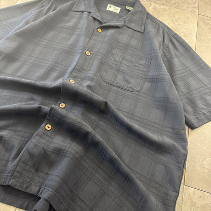 80s-90s Vintage Silk Black 3D Checkered 100% Silk Open collar Shirt XL