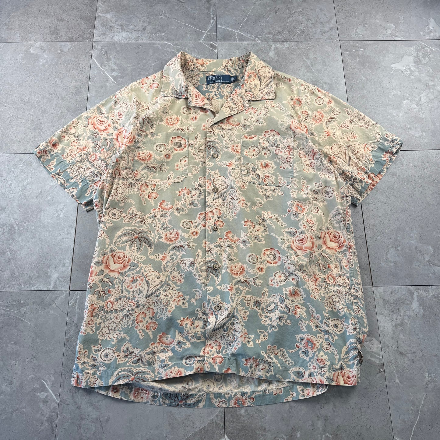 00s Polo by Ralph Lauren Faded Green Flower Pattern Open Collar Shirt L
