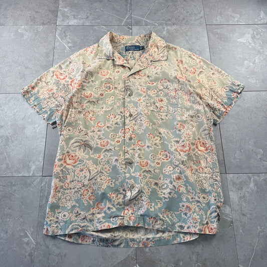 00s Polo by Ralph Lauren Faded Green Flower Pattern Open Collar Shirt