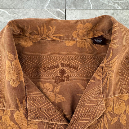 00s~ Tommy Bahama Brown Hibiscus 100% Silk Open Collar Shirt