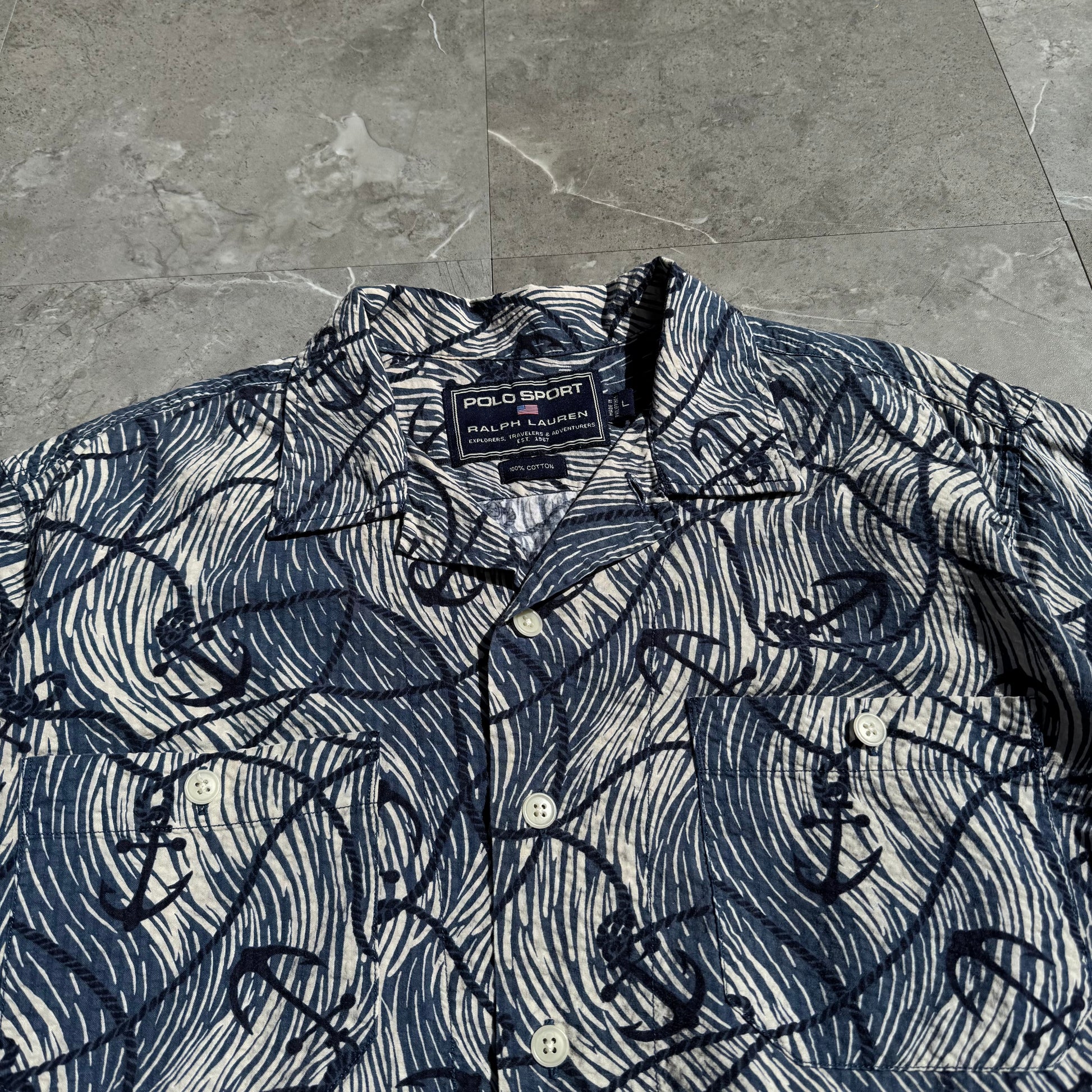 90s-00s Ralph Lauren Polo Sport Anchor Pattern Seersucker Open Collar Shirt KiiChain Clothing