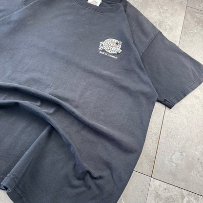90s-00s Planet Hollywood Made in USA Faded Black Embroidered Logo T-Shirt